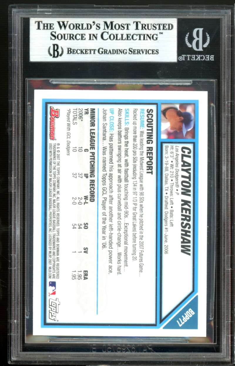 Clayton Kershaw Rookie 2007 Bowman Draft Futures #77 BGS 9 (8.5 9.5 9.5 9.5) Image 2