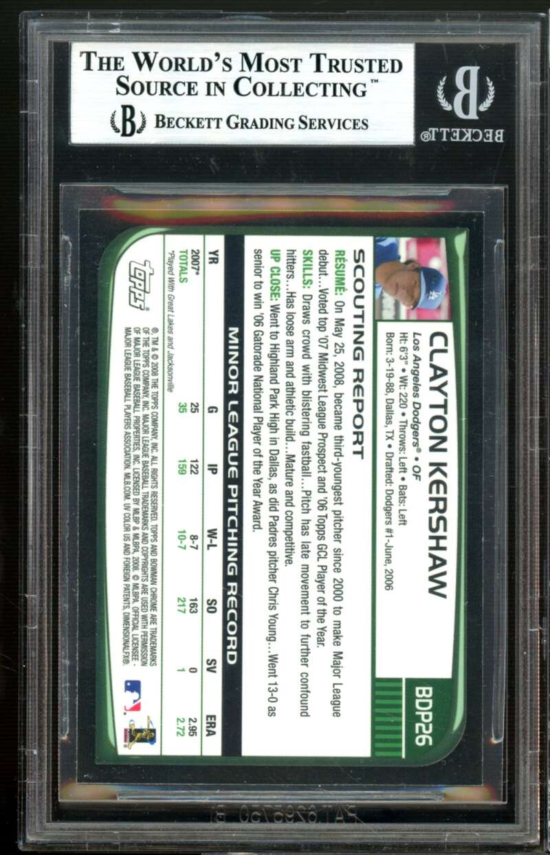 Clayton Kershaw Rookie Card 2008 Bowman Chrome Draft #BDP26 BGS 9 Image 2