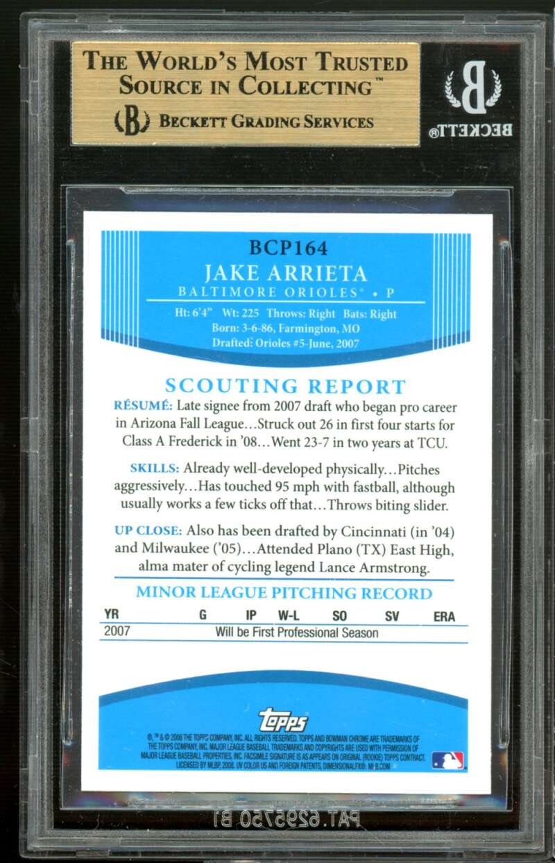 Jake Arrieta Rookie 2008 Bowman Prospects Chrome #BCP164 BGS 9.5 (9 9.5 9.5 9.5) Image 2