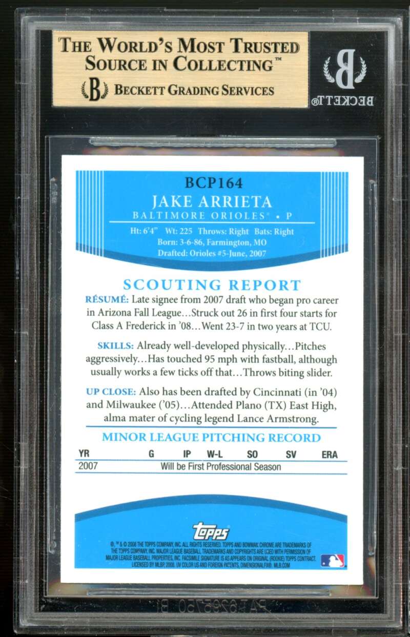 Jake Arrieta Rookie Card 2008 Bowman Chrome Prospects #BCP164 BGS 9.5 Image 2