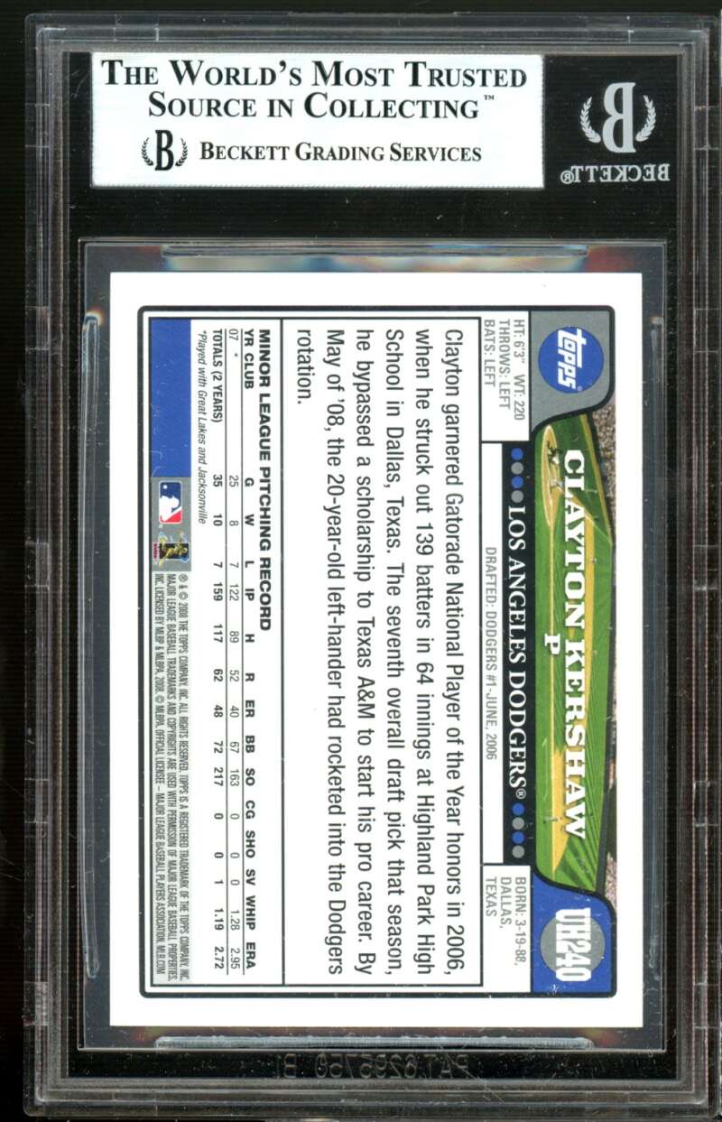 Clayton Kershaw Rookie Card 2008 Topps Updates #UH240 BGS 9 Image 2