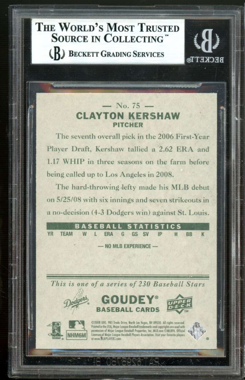 Clay Kershaw Upper Deck Rookie Card 2008 Upper Deck Goudey #75 BGS 9 Image 2