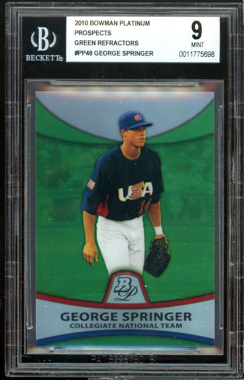 George Springer Rookie Card 2010 Bowman Platinum Pros Green Refractors #48 BGS 9 Image 1