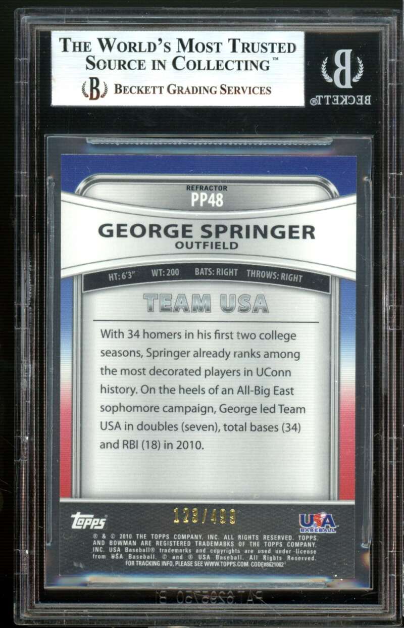 George Springer Rookie Card 2010 Bowman Platinum Pros Green Refractors #48 BGS 9 Image 2