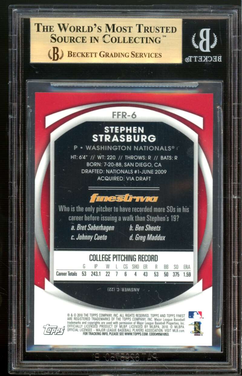 Stephen Strasburg Rookie Card 2010 Finest Rookie Redemption #6 BGS 9.5 Image 2