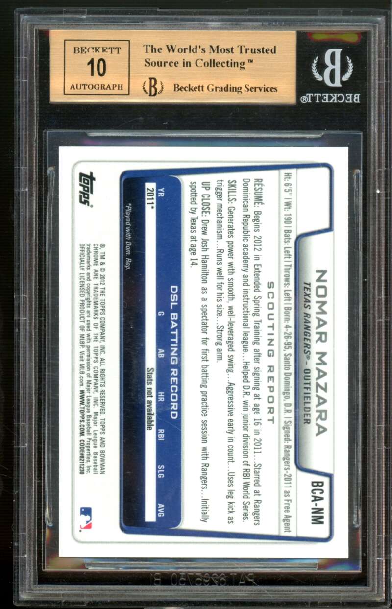 Nomar Mazara Rookie Card 2012 Bowman Chrome Prospects Autographs #NM BGS 9.5 Image 2