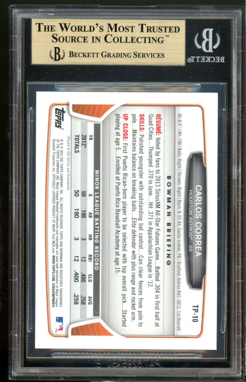 Carlos Correa Rookie 2013 Bowman Draft Top Prospects #TP-10 (PRISTINE) BGS 10 Image 2