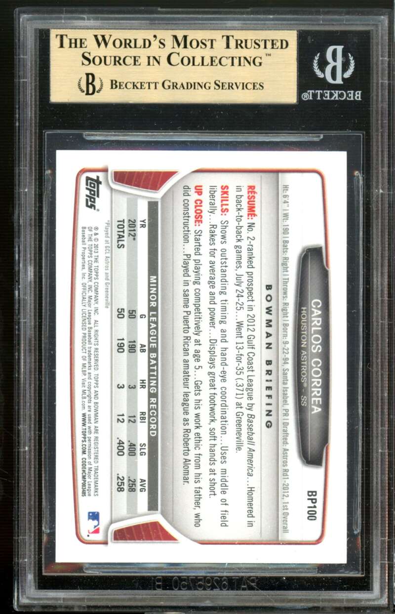 Carlos Correa Rookie Card 2013 Bowman Prospects #BP100 BGS 9.5 (9.5 9.5 9.5 9.5) Image 2