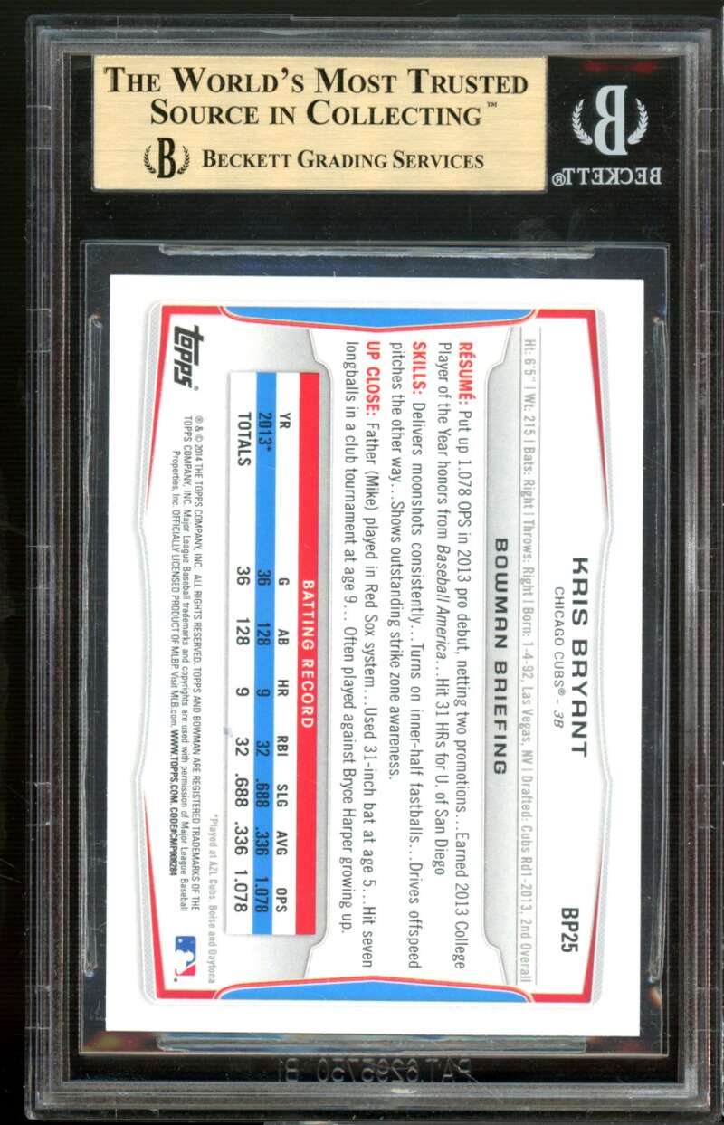 Kris Bryant Rookie Card 2014 Bowman Prospects #BP25 (PRISTINE) BGS 10 Image 2