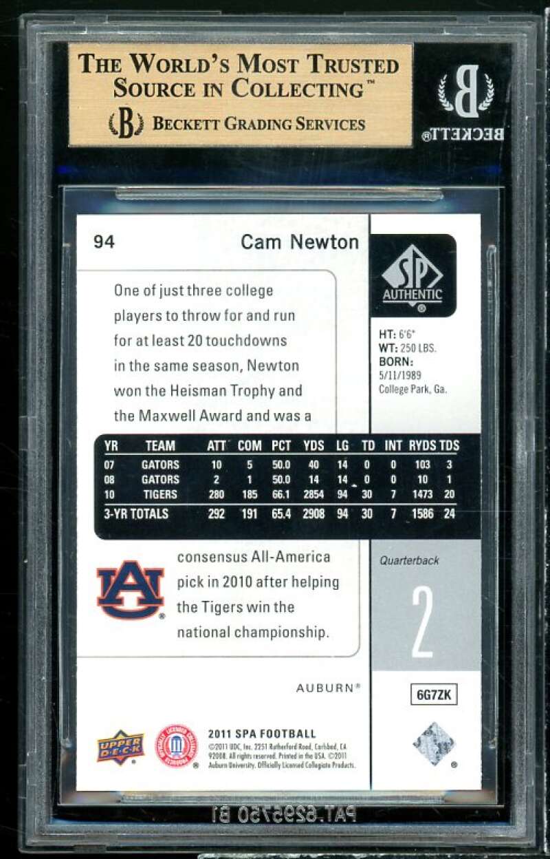 Cam Newton Rookie Card 2011 SP Authentic #94 (PRISTINE) BGS 10 Image 2