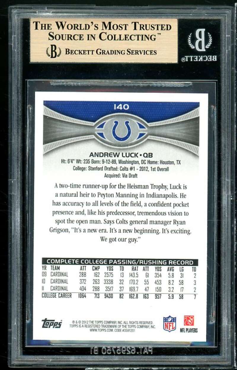 Andrew Luck Rookie Card 2012 Topps #140 BGS 9.5 (9.5 9.5 9.5 9.5) Image 2