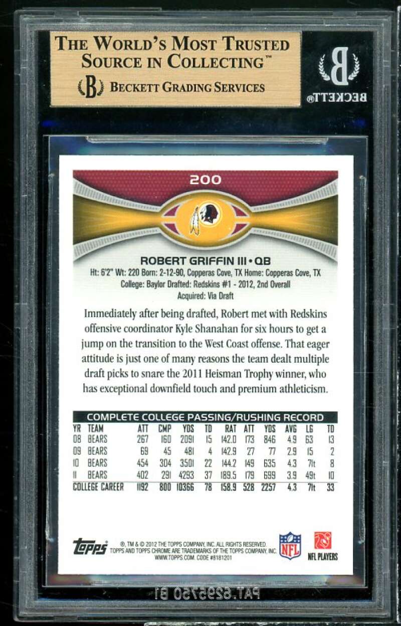 Robert Griffin Rookie Card 2012 Topps Chrome #200 BGS 9.5 (10 9.5 9.5 9.5) Image 2