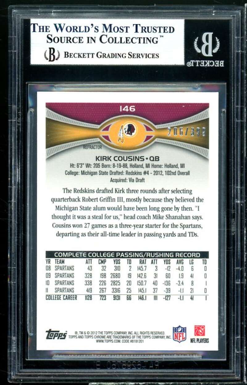 Kirk Cousins Rookie Card 2012 Topps Chrome Pink Refractors #146 BGS 9 Image 2