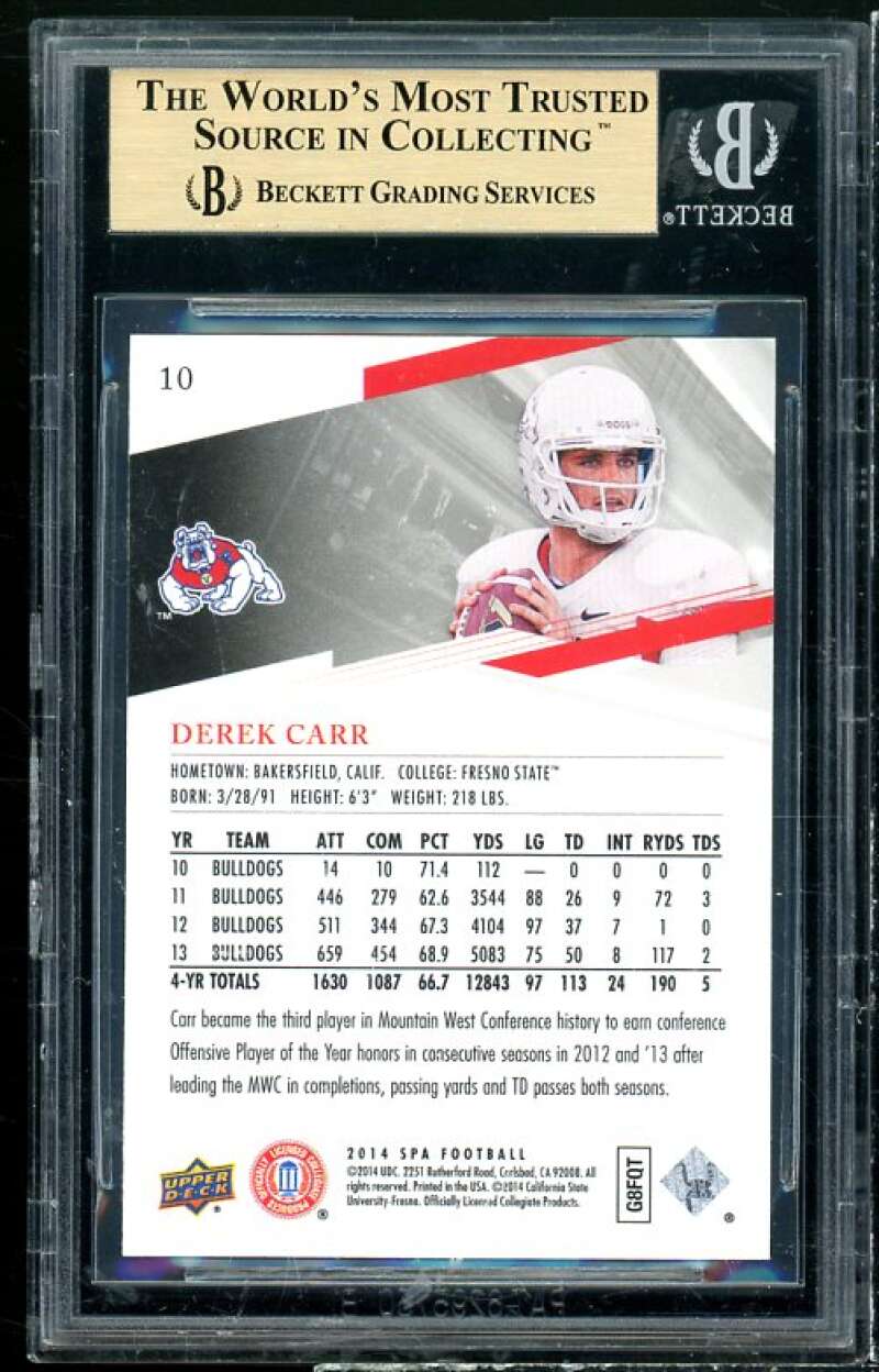 Derek Carr Rookie Card 2014 SP Authentic #10 BGS 9.5 (10 9.5 9.5 9.5) Image 2