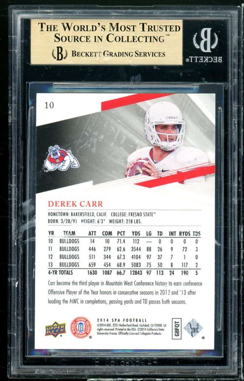 Derek Carr Rookie Card 2014 SP Authentic #10 BGS 9.5 (9.5 9.5 9.5 9.5) Image 2