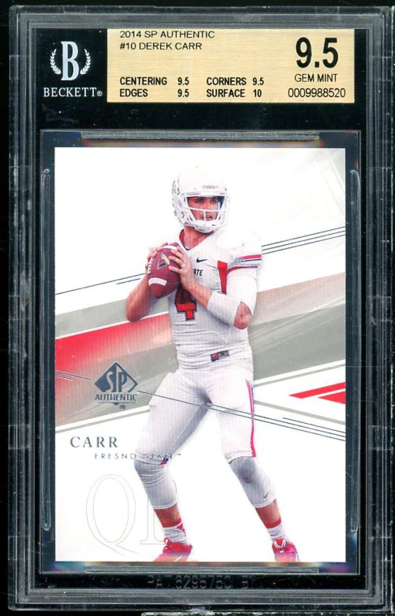 Derek Carr Rookie Card 2014 SP Authentic #10 BGS 9.5 (9.5 9.5 9.5 10) Image 1