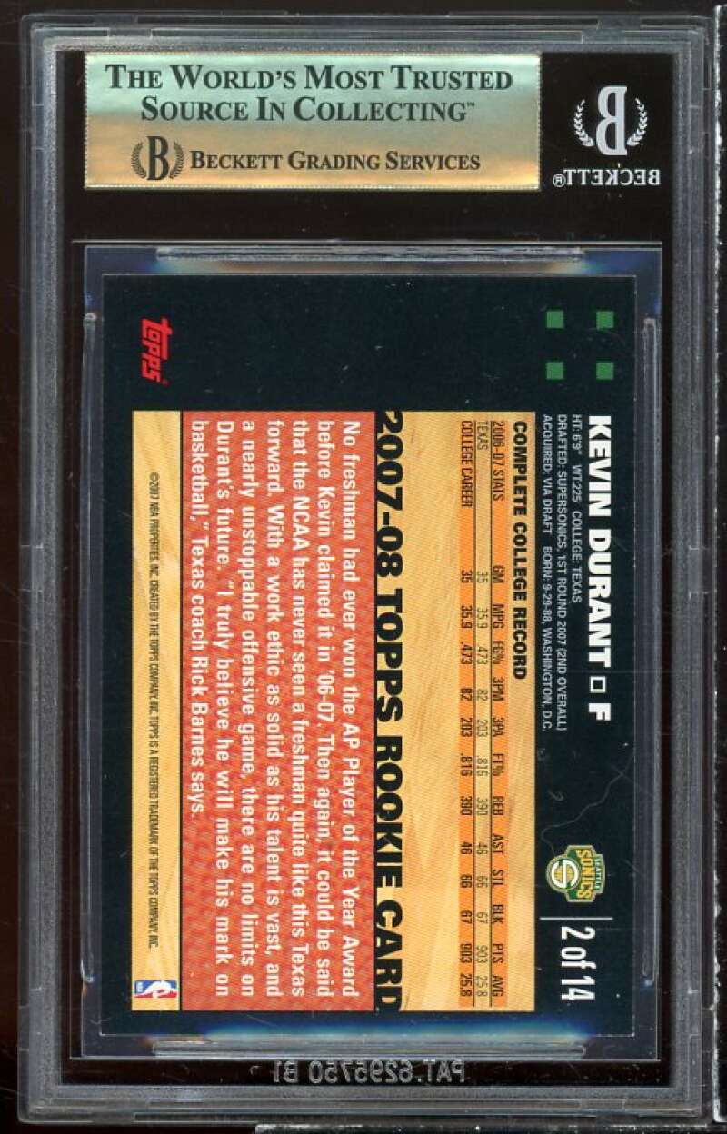 Kevin Durant Rookie Card 2007-08 Topps Rookie Set #2 BGS 9.5 Image 2