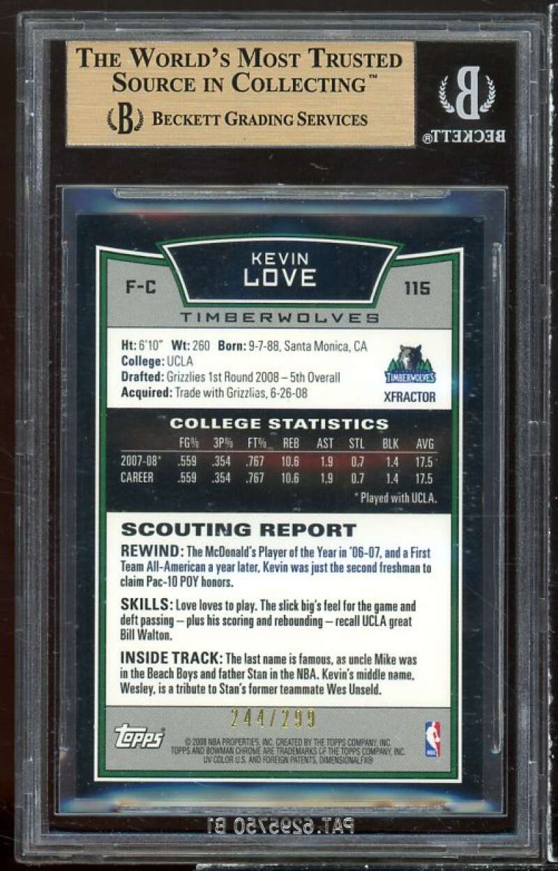 Kevin Love Rookie Card 2008 Bowman Chrome Xfractors #115 BGS 9.5 (9 9.5 9.5 10) Image 2