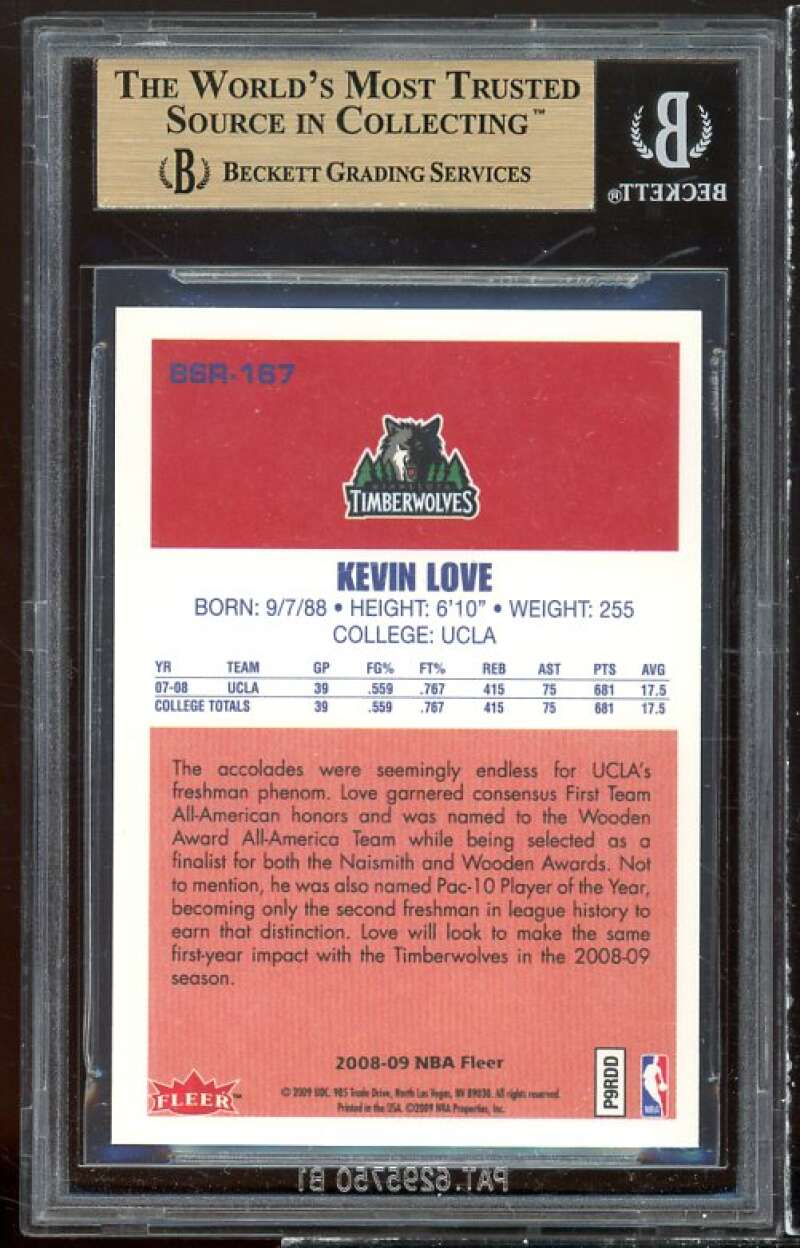 Kevin Love Rookie Card 2008-09 Fleer 86-87 Rookies #86R167 BGS 9.5 (9 9.5 10 10) Image 2