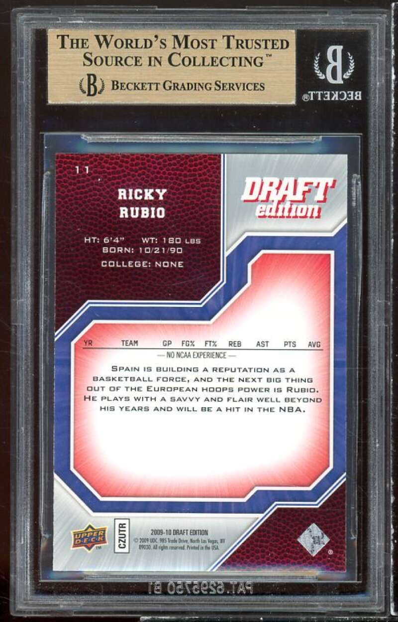 Ricky Rubio Rookie 2009-10 Upper Deck Draft Edition #11 BGS 9.5 (9.5 9.5 9.5 10) Image 2