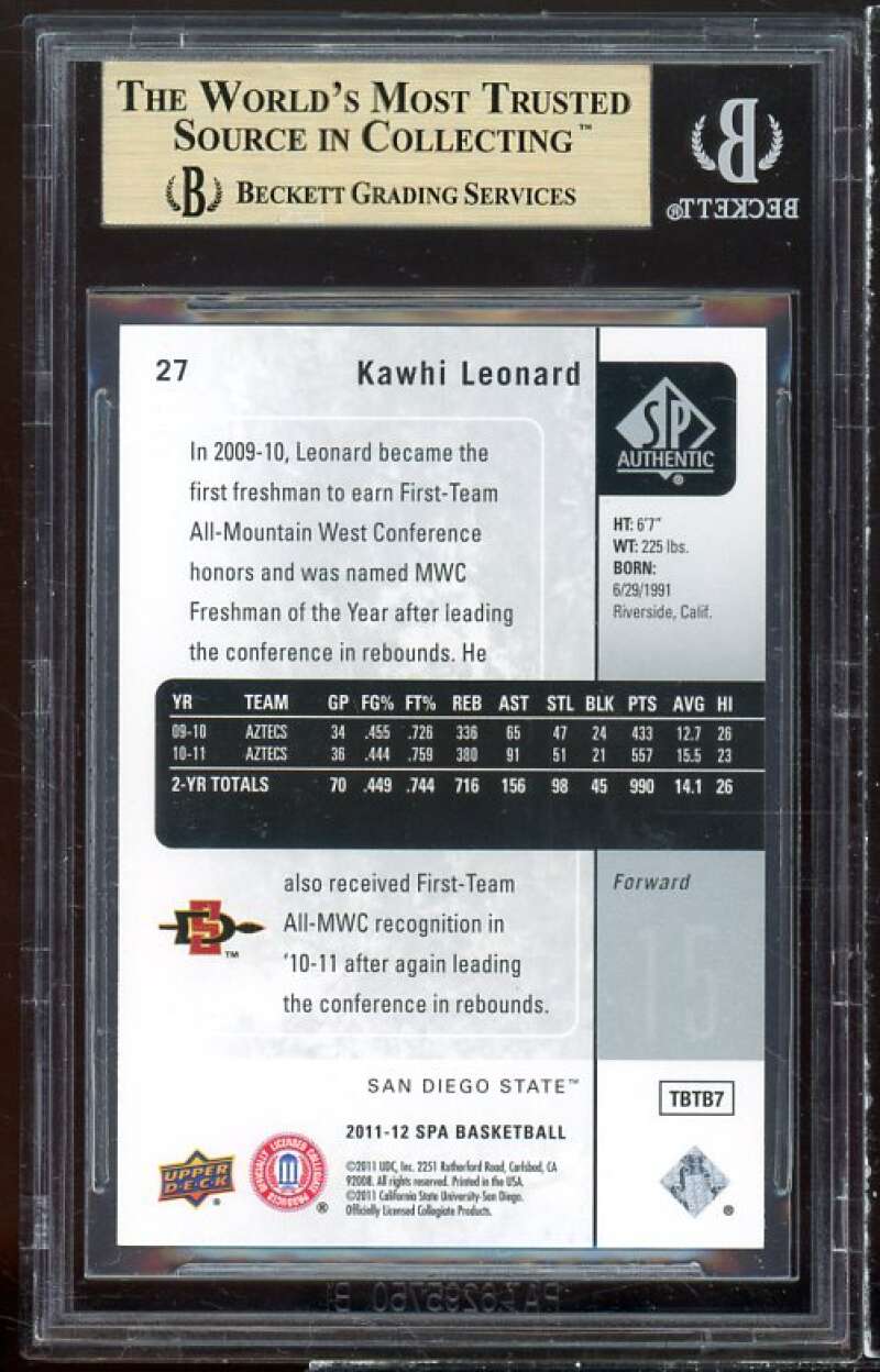 Kawhi Leonard Rookie Card 2011-12 SP Authentic #27 BGS 9.5 (9.5 9.5 10 9.5) Image 2