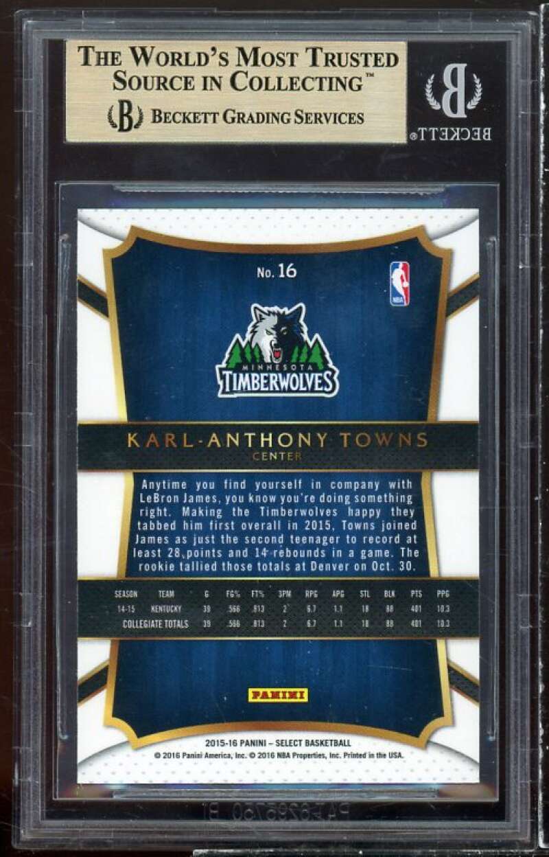 Karl-Anthony Towns Rookie Card 2015-16 Select #16 BGS 9.5 Image 2