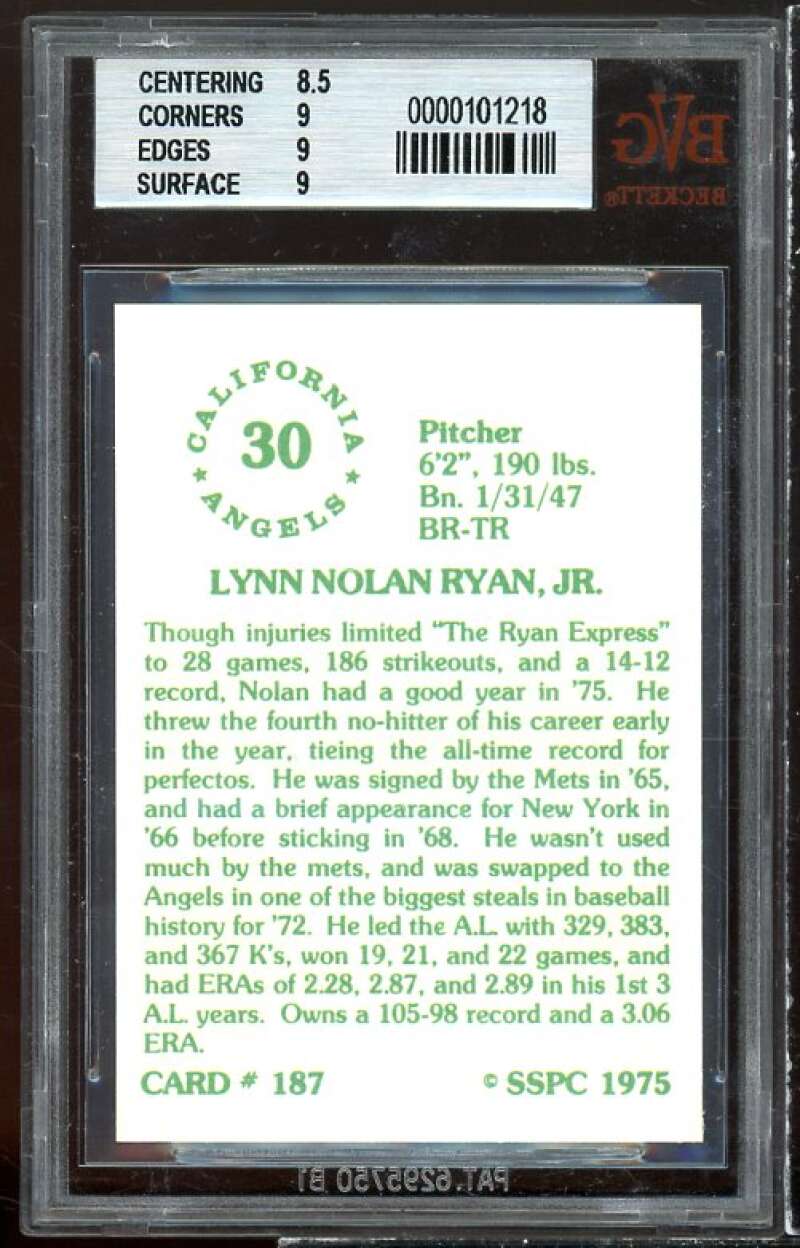 Nolan Ryan Card 1976 SSPC #187 BGS 9 (8.5 9 9 9) Image 2