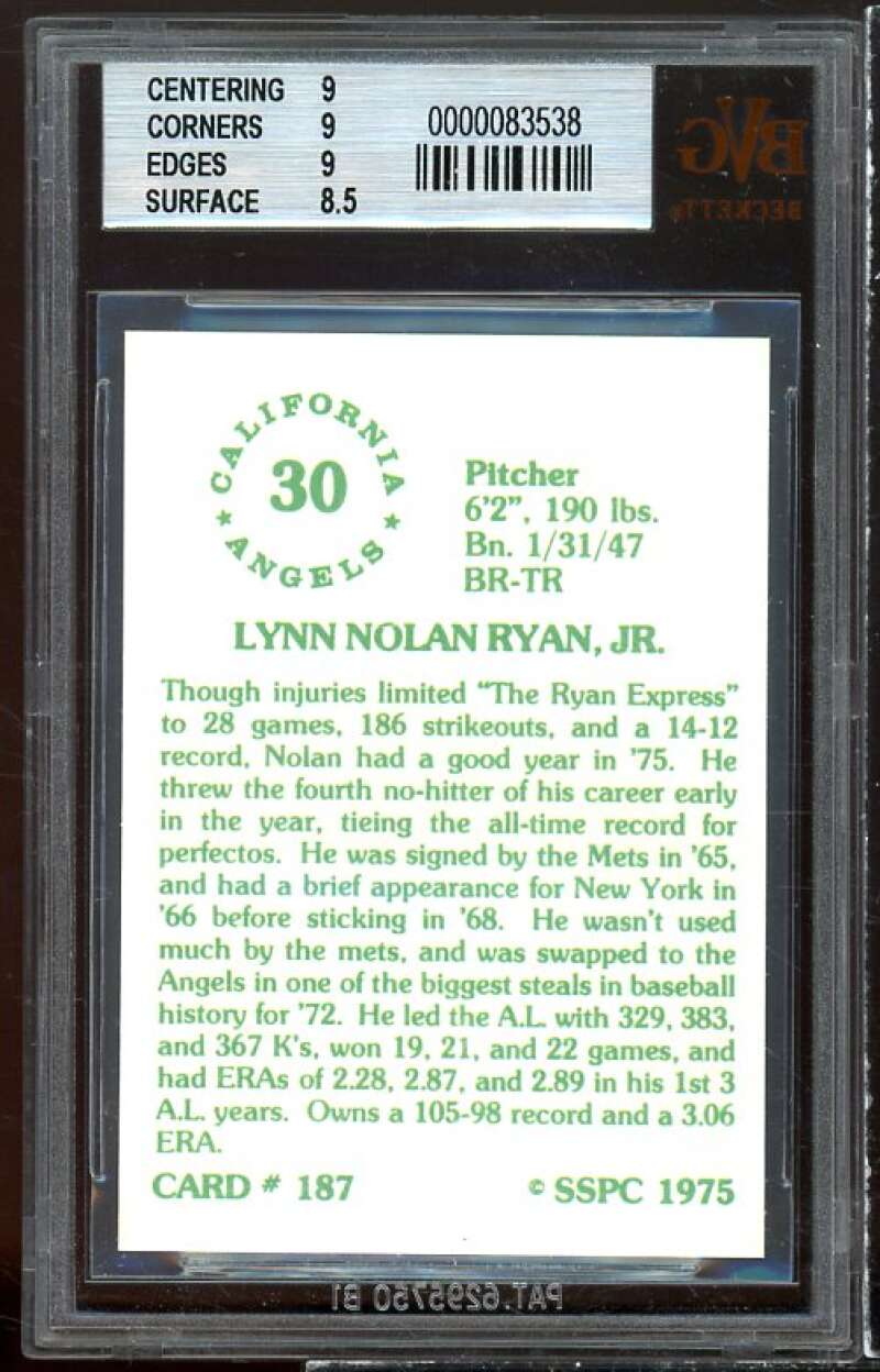 Nolan Ryan Card 1976 SSPC #187 BGS 9 (9 9 9 8.5) Image 2