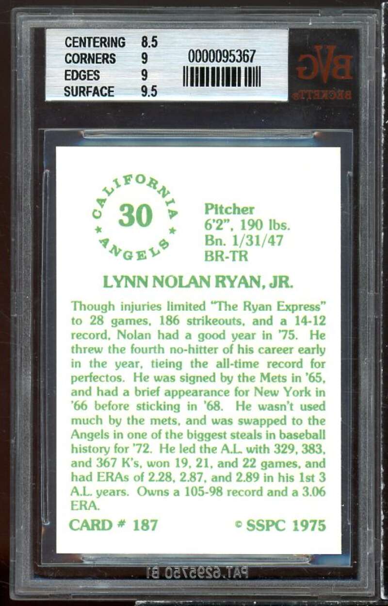 Nolan Ryan Card 1976 SSPC #187 BGS 9 (8.5 9 9 9.5) Image 2