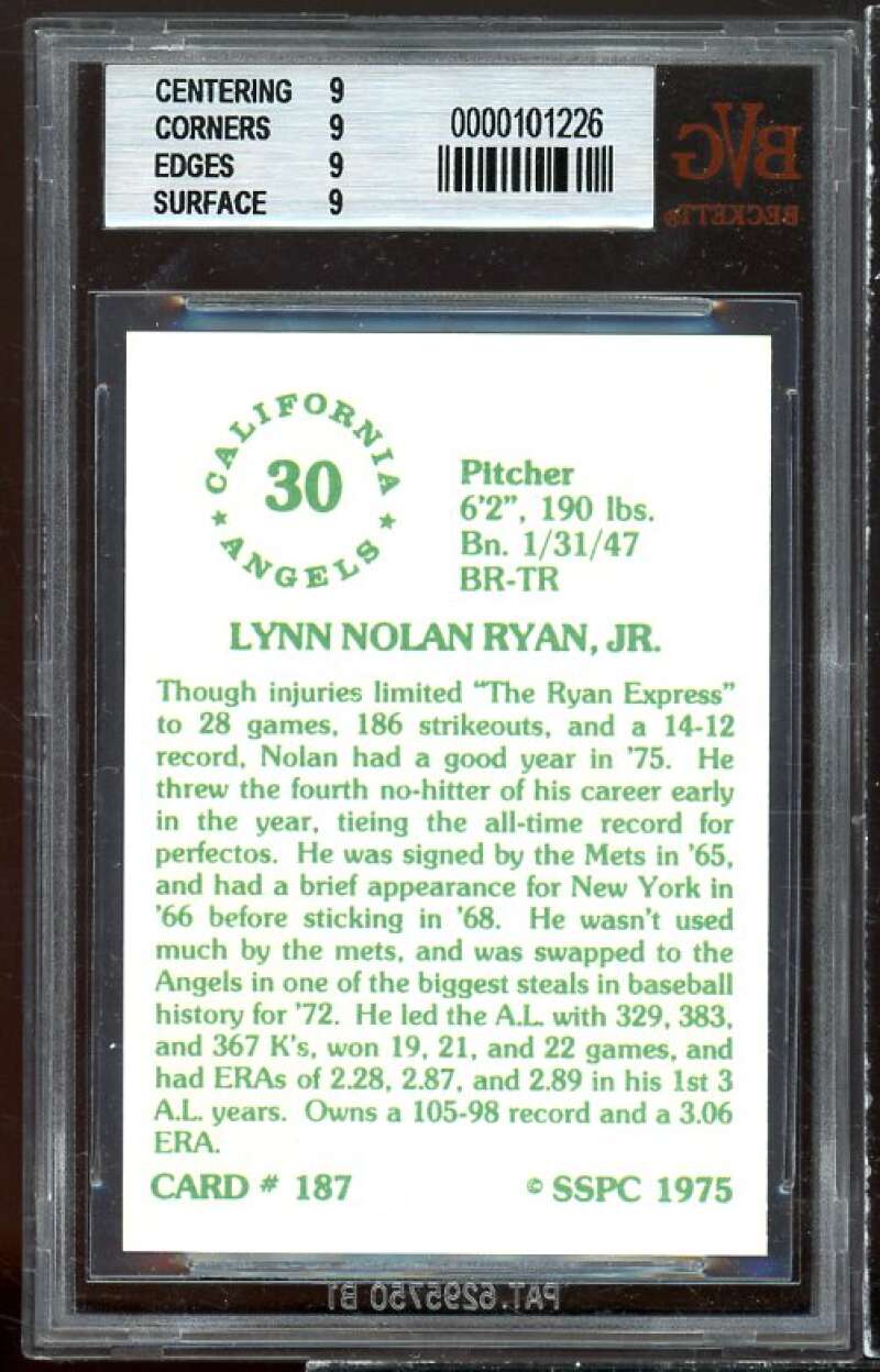 Nolan Ryan Card 1976 SSPC #187 BGS 9 (9 9 9 9) Image 2