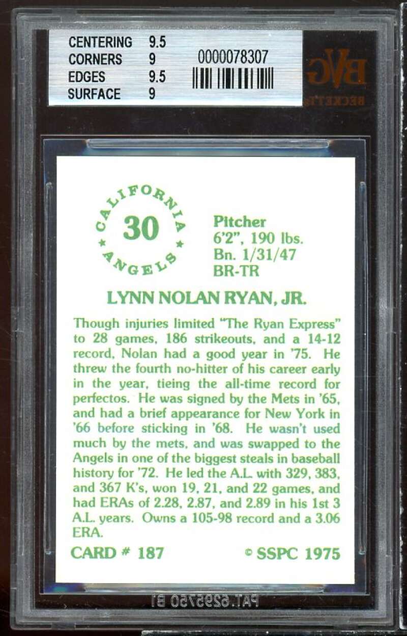 Nolan Ryan Card 1976 SSPC #187 BGS 9 (9.5 9 9.5 9) Image 2