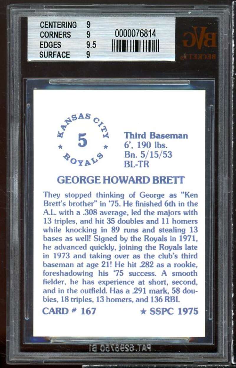 George Brett Card 1976 SSPC #167 BGS 9 (9 9 9.5 9) Image 2