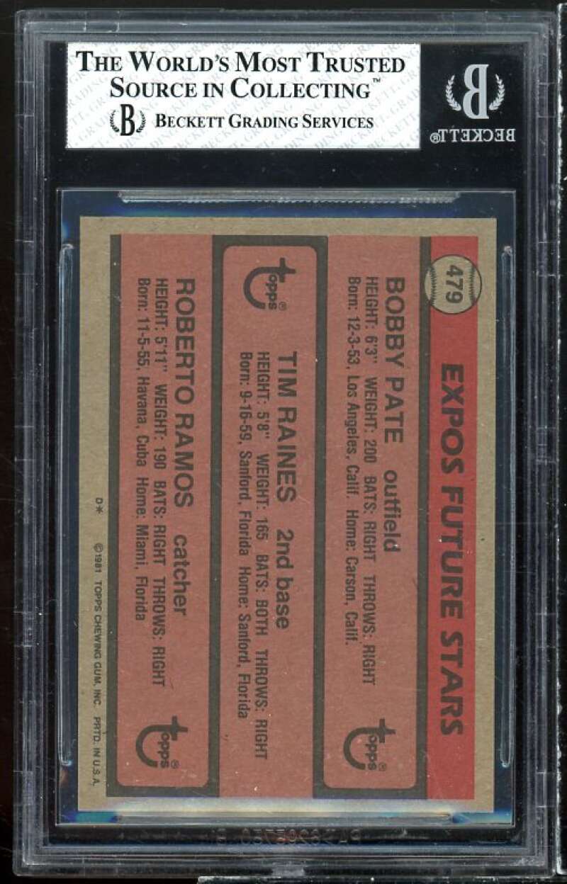 Tim Raines/Roberto Ramos/Bobby Pate Rookie Card 1981 Topps #479 BGS 8 Image 2