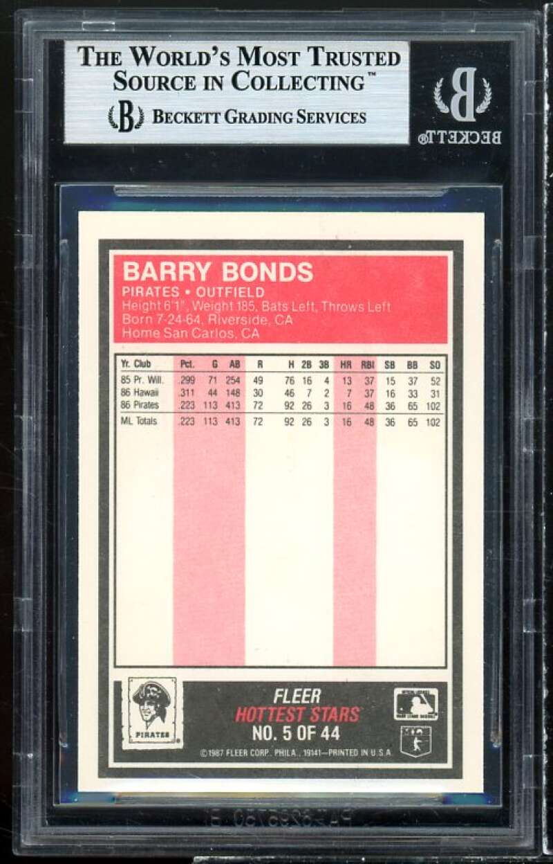 Barry Bonds Rookie Card 1987 Fleer Hottest Stars #5 BGS 9 (8.5 9 9 9) Image 2