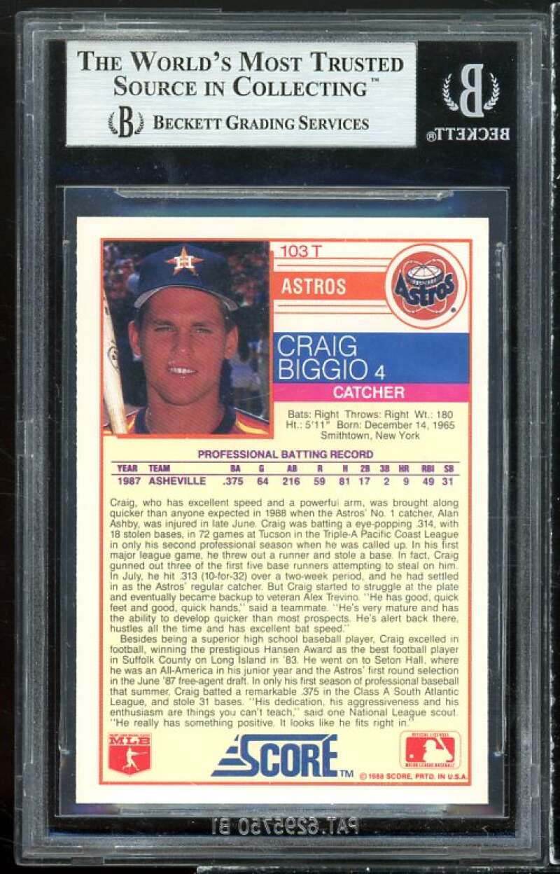 Craig Biggio Rookie Card 1988 Score Rookie Traded #103T BGS 9 (8.5 9.5 9.5 9.5) Image 2