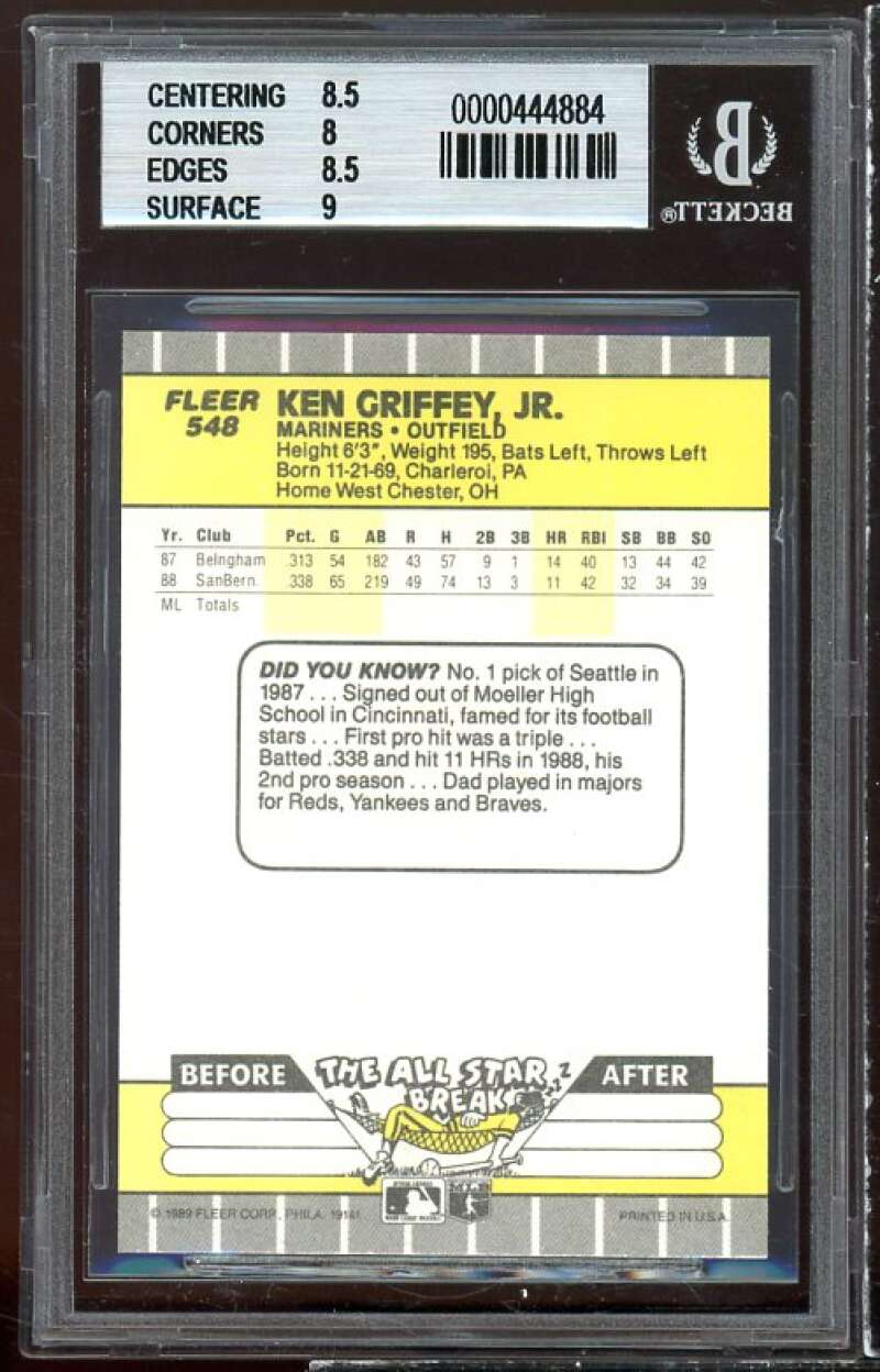 Ken Griffey Jr. Rookie Card 1989 Fleer #548 BGS 8.5 (8.5 8 8.5 9) Image 2