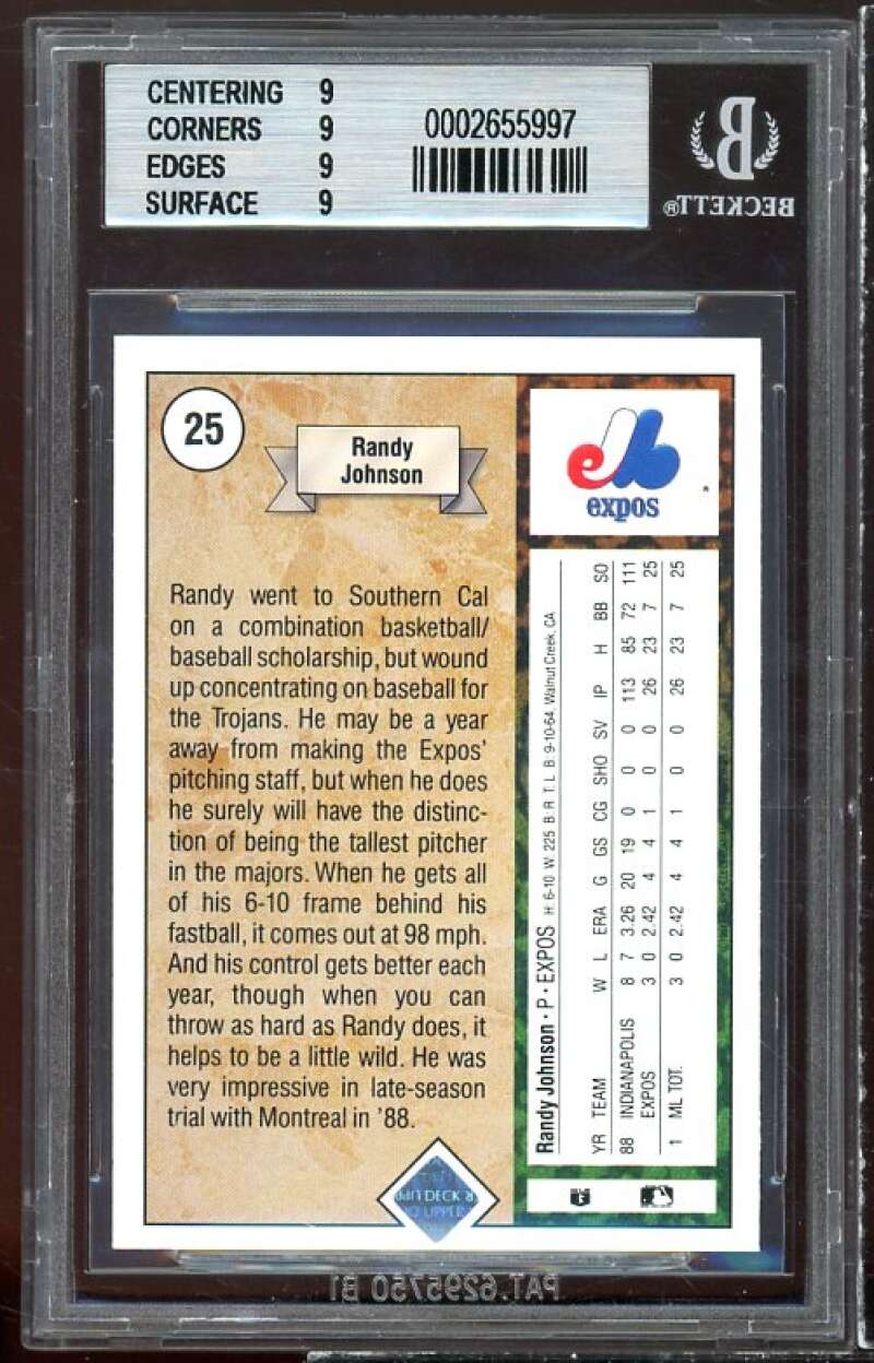 Randy Johnson Rookie Card 1989 Upper Deck #25 BGS 9 (9 9 9 9) Image 2