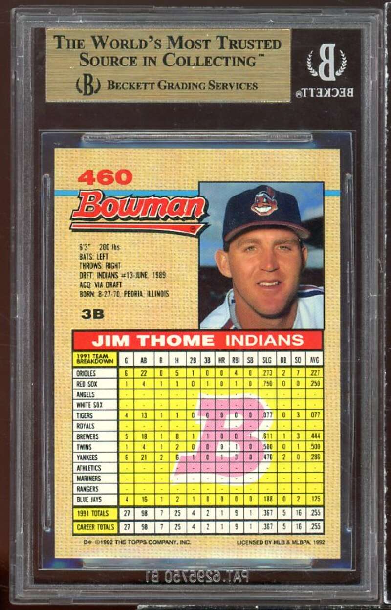 Jim Thome Card 1992 Bowman #460 BGS 9.5 (9.5 9 9.5 9.5) Image 2