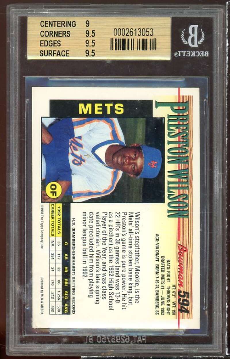 Preston Wilson Rookie Card 1993 Bowman #594 BGS 9.5 (9 9.5 9.5 9.5) Image 2