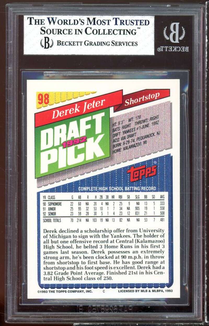 Derek Jeter Rookie Card 1993 Topps #98 BGS 8 Image 2