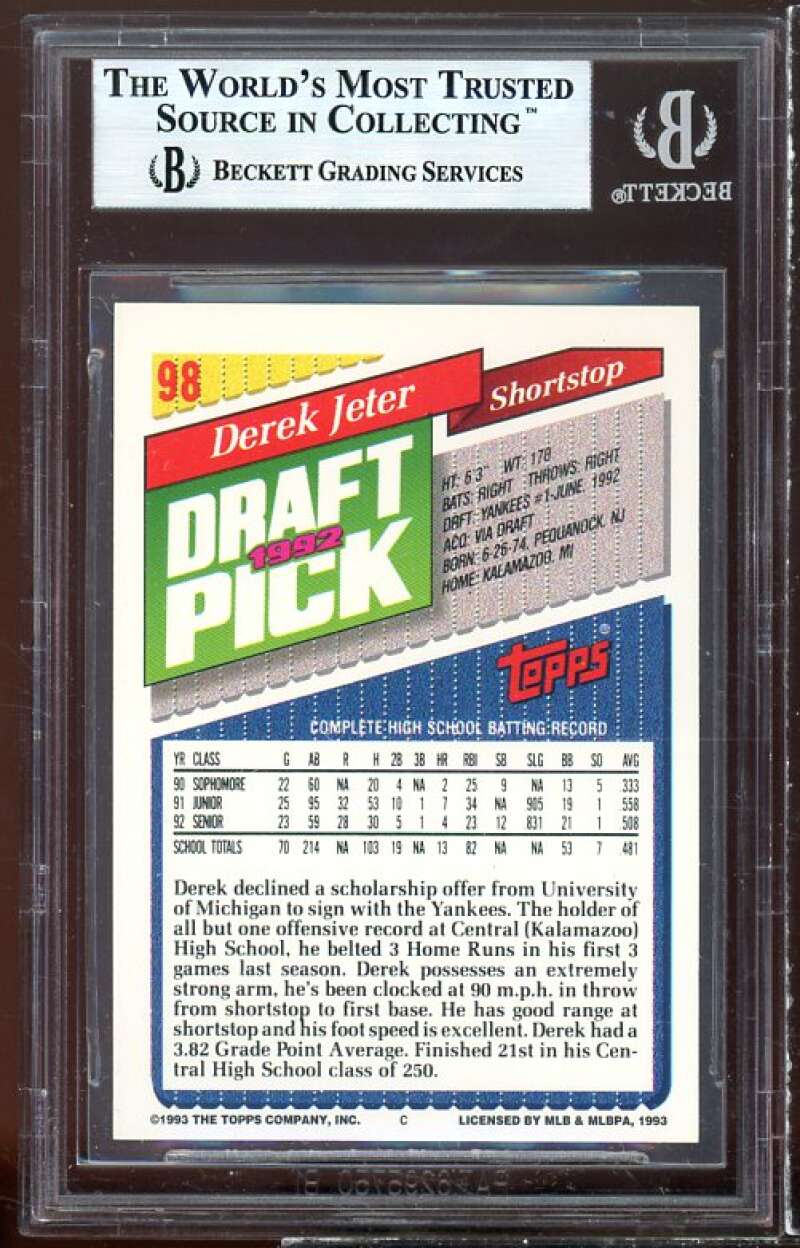 Derek Jeter Rookie Card 1993 Topps #98 BGS 8.5 Image 2