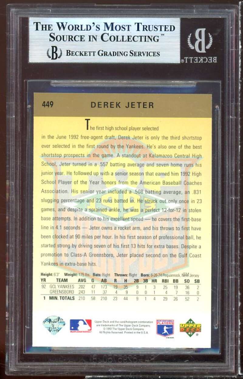 Derek Jeter Rookie Card 1993 Upper Deck #449 BGS 9 (9.5 9 9 9.5) Image 2