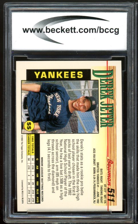 1993 Bowman #511 Derek Jeter Rookie Card BGS BCCG 10 Image 2