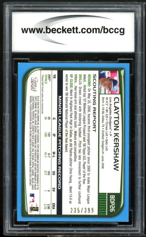 2008 Bowman Draft Blue #BDP26 Clayton Kershaw Rookie Card BGS BCCG 8 Excellent+ Image 2