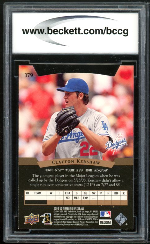 2008 Upper Deck Timeline #379 Clayton Kershaw Rookie Card BGS BCCG 10 Mint+ Image 2