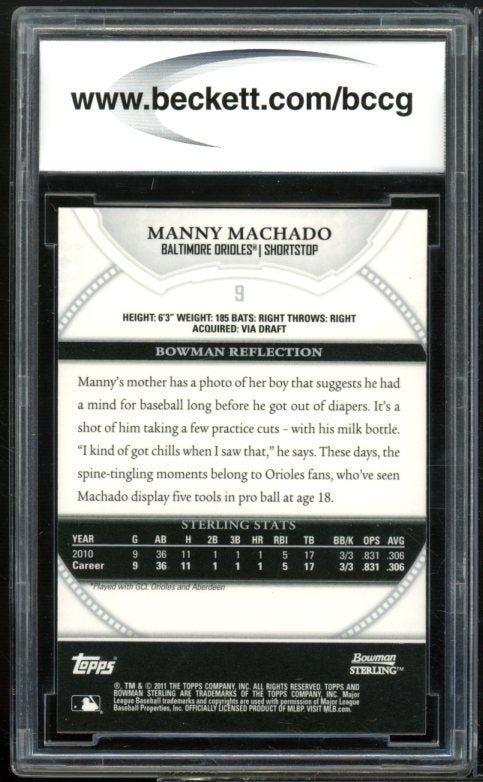 2011 Bowman Sterling Prospects #9 Manny Machado Rookie Card BGS BCCG 9 Near Mint Image 2