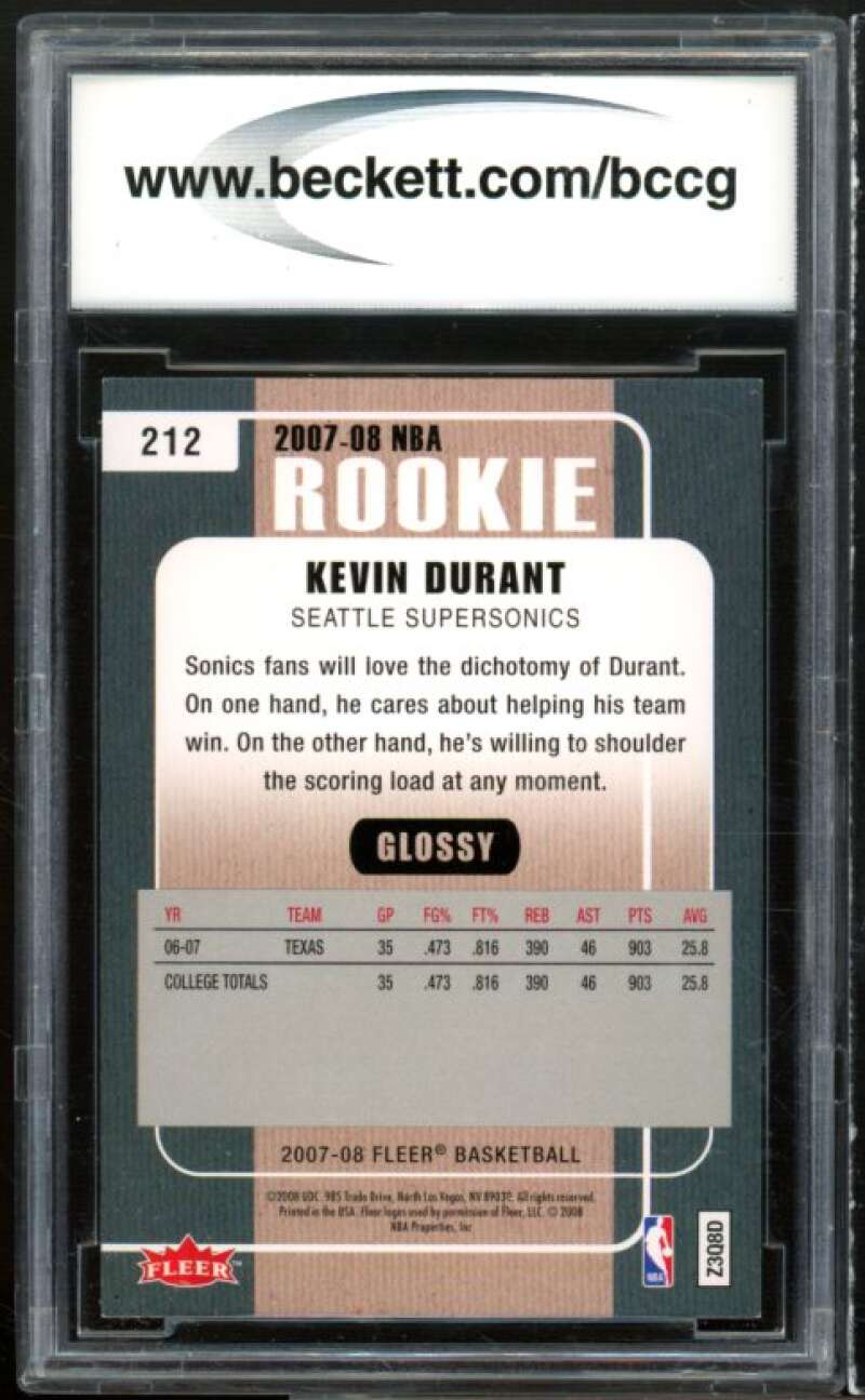 2007-08 Fleer Glossy #212 Kevin Durant Rookie Card BGS BCCG 10 Mint+ Image 2