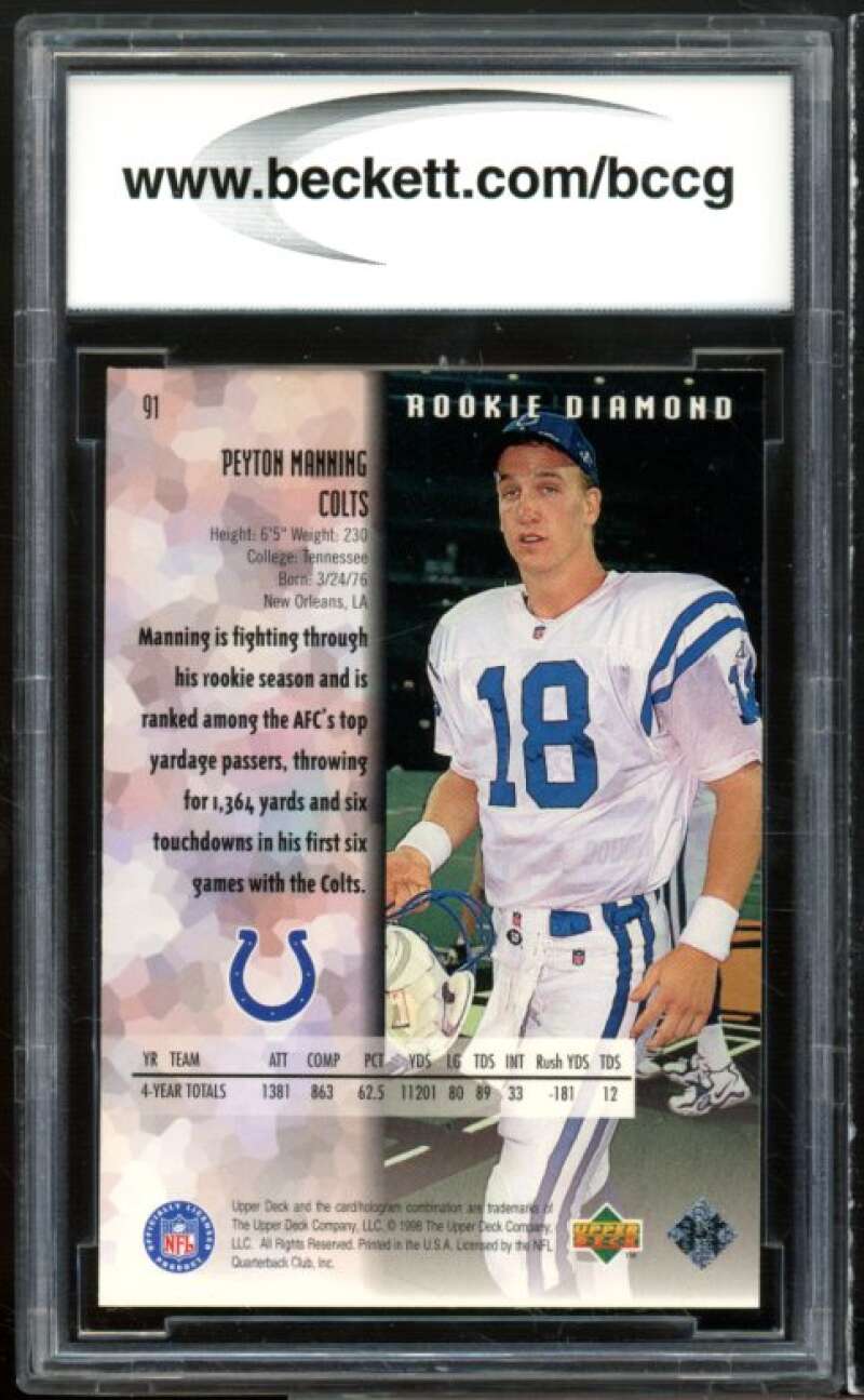 1998 Black Diamond Rookies #91 Peyton Manning Rookie Card BGS BCCG 10 Mint+ Image 2