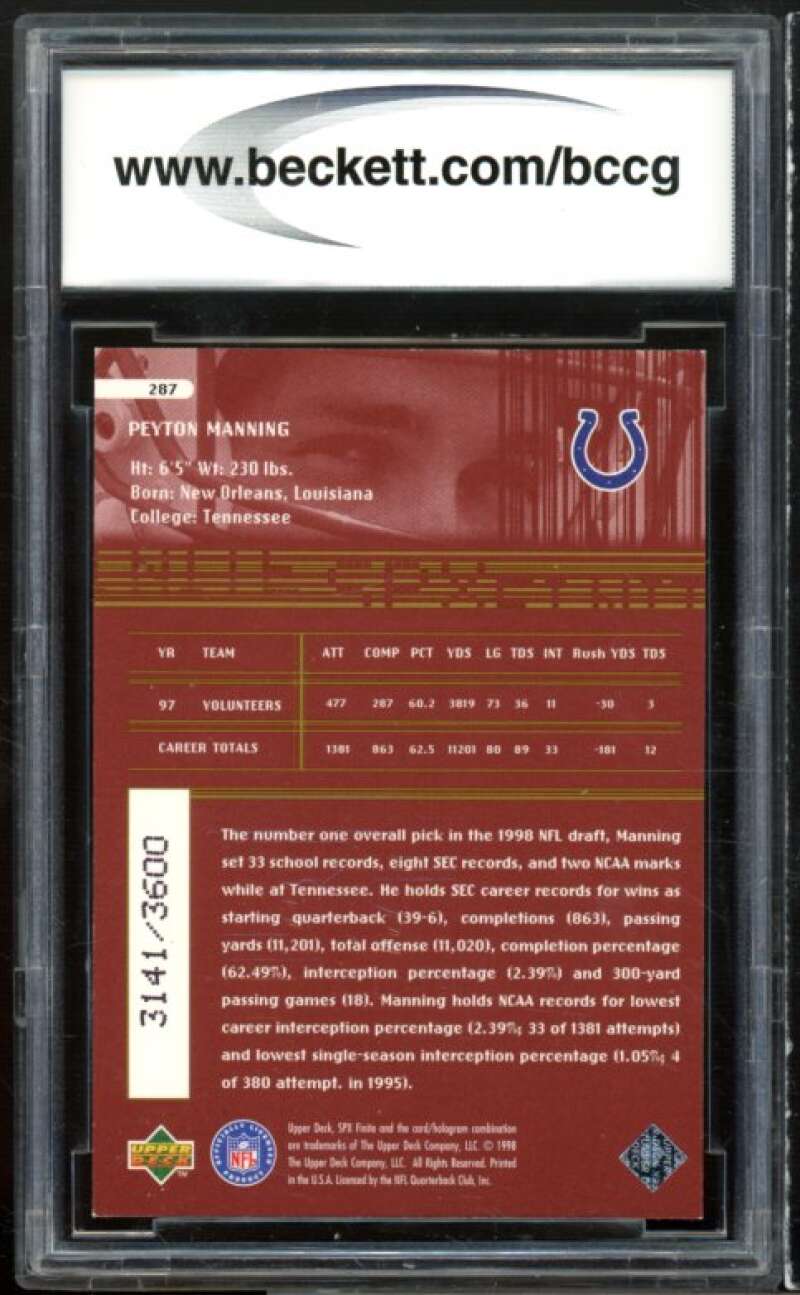 1998 SPX Finite Radiance #287 Peyton Manning Rookie Card BGS BCCG 9 Near Mint+ Image 2