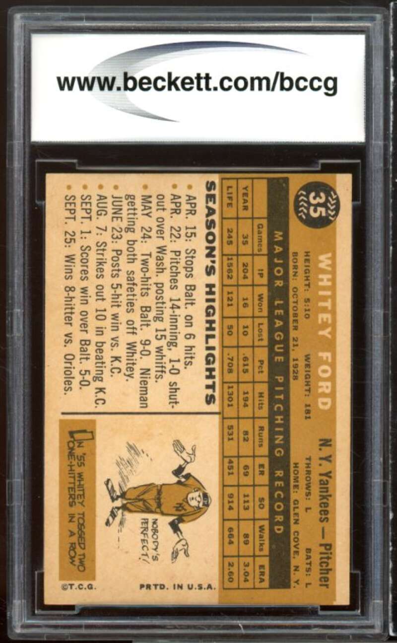 1960 Topps #35 Whitey Ford Card BGS BCCG 8 Excellent+ Image 2